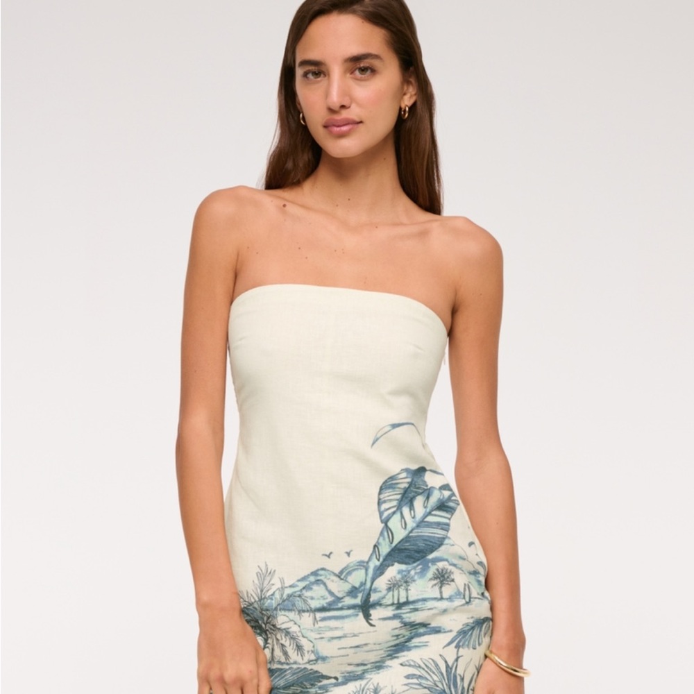 Beige and Green Tropical Print Dress